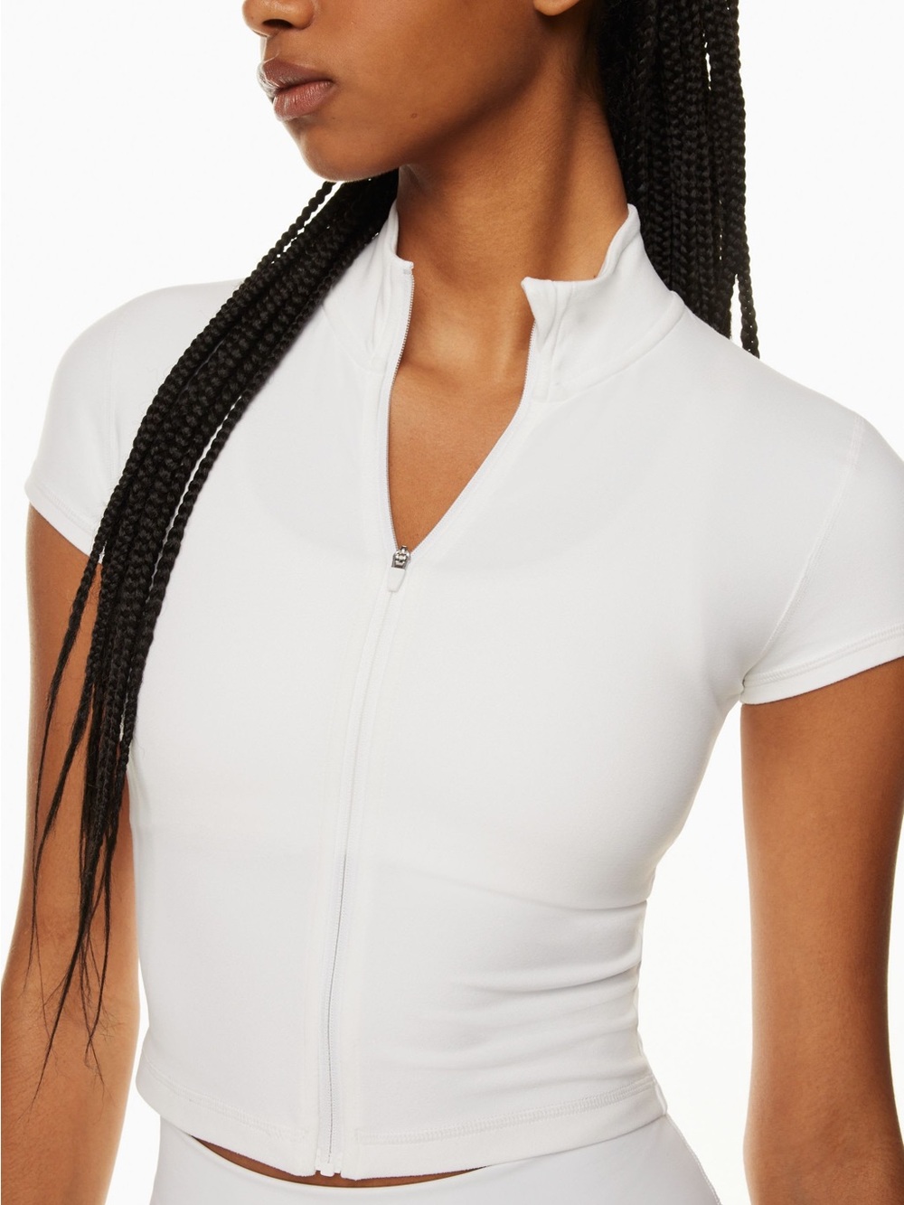 Aritzia taupe short sleeve zip-front sports top